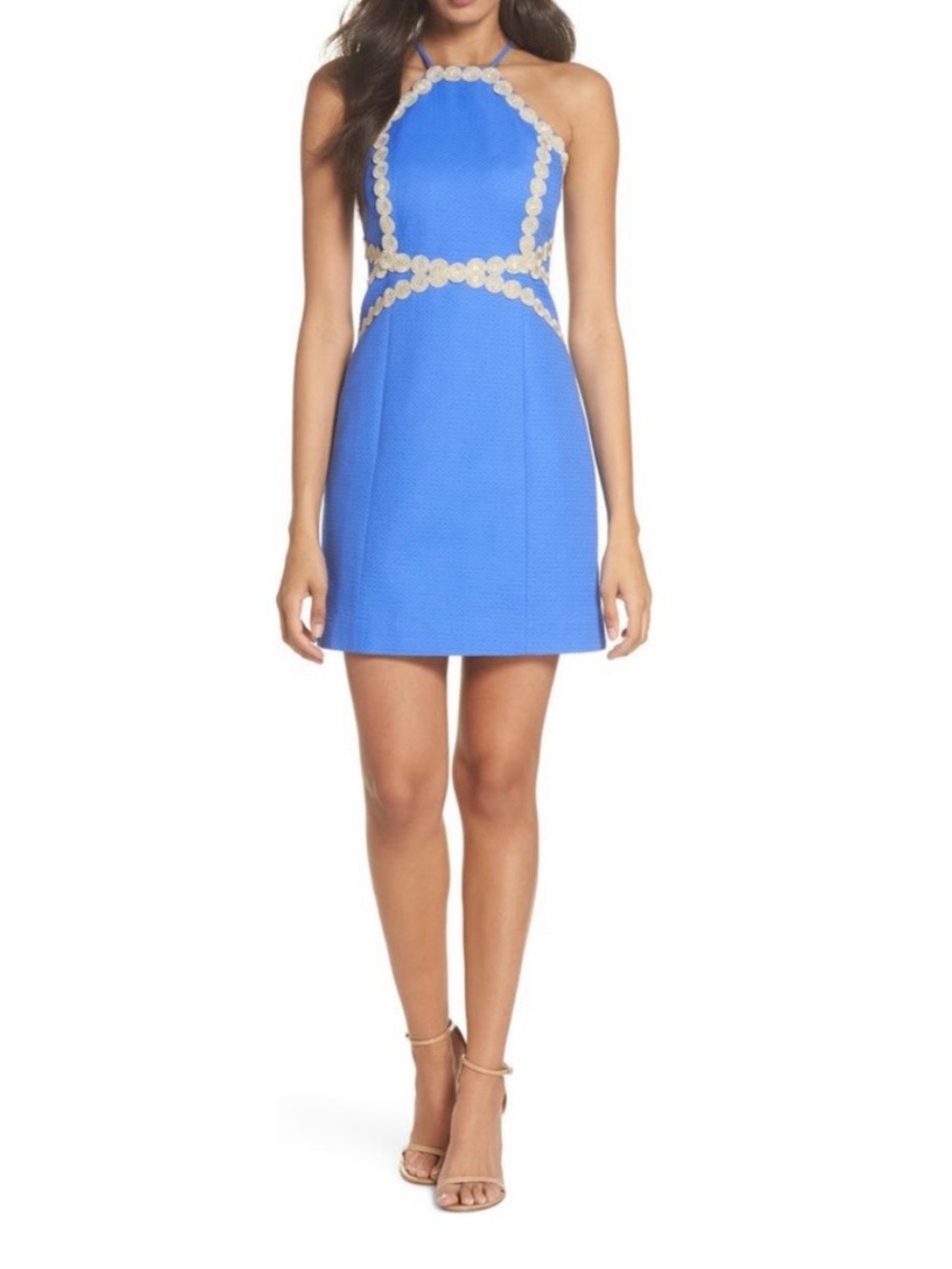 Lilly Pulitzer Pearl Shift  Bennet Blue Halter Mini Dress with Gold Trim 14